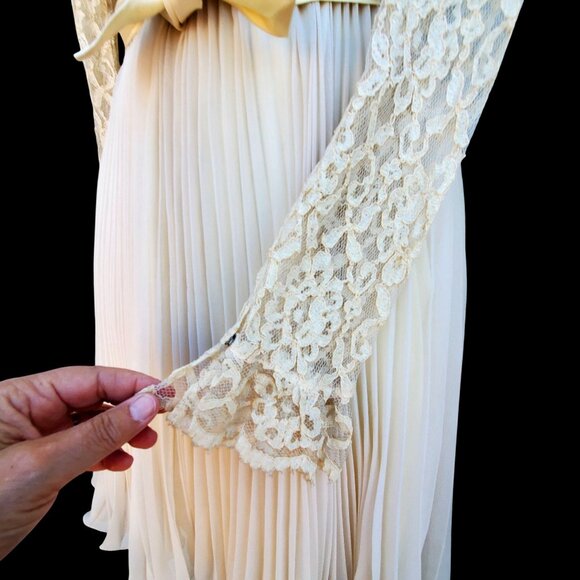 50s Chantilly Lace Beige Chiffon Vintage Dress XS Long Sleeve Pleated Wedding - Picture 8 of 11